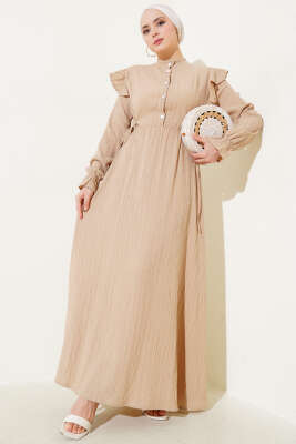 Pazarium - Omuz Fırfırlı Yan İp Bağcıklı Elbise Bej