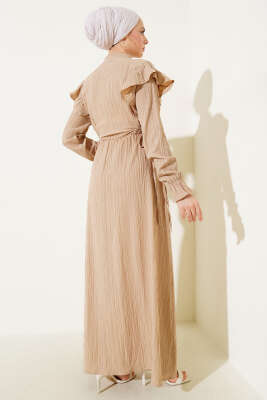 Omuz Fırfırlı Yan İp Bağcıklı Elbise Bej - Thumbnail