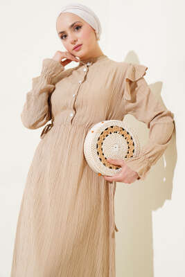 Omuz Fırfırlı Yan İp Bağcıklı Elbise Bej - Thumbnail