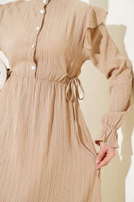 Omuz Fırfırlı Yan İp Bağcıklı Elbise Bej - Thumbnail