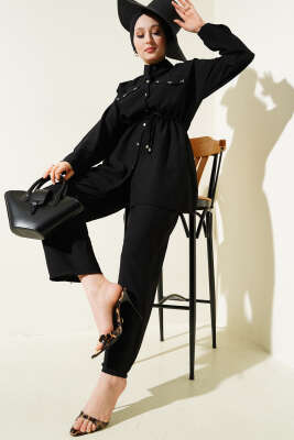 Pazarium - Cep Boncuklu Bel Tünelli İkili Takım Siyah