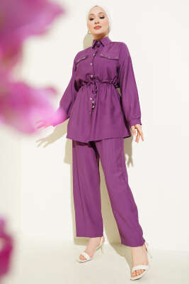 Pazarium - Cep Boncuklu Bel Tünelli İkili Takım Mor