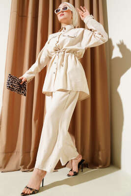 Pazarium - Cep Boncuklu Bel Tünelli İkili Takım Bej