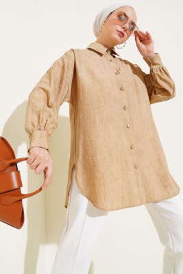 Pazarium - Kırışık Dokulu Basic Gömlek Latte