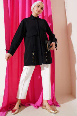 Pazarium - Büyük Cepli Kuş Gözlü Gömlek Siyah