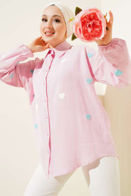 Pazarium - Kalp Nakışlı Keten Gömlek Pembe
