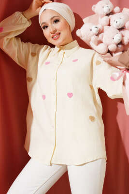 Pazarium - Kalp Nakışlı Keten Gömlek Krem