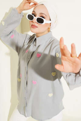 Pazarium - Kalp Nakışlı Keten Gömlek Gri