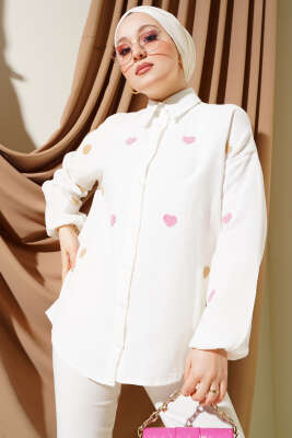 Pazarium - Kalp Nakışlı Keten Gömlek Ekru