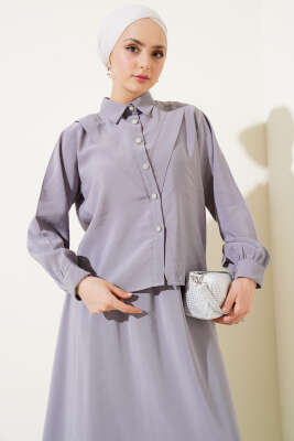 V Dikişli Etekli İkili Takım Gri - Thumbnail