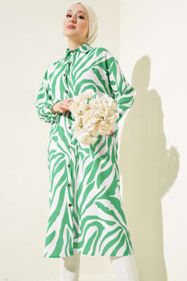 Pazarium - Zebra Desenli Uzun Gömlek Yeşil