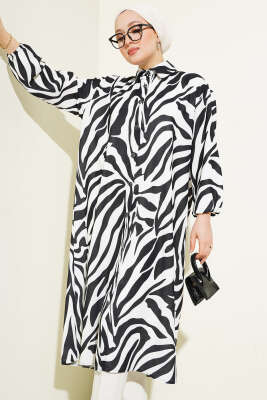 Pazarium - Zebra Desenli Uzun Gömlek Siyah