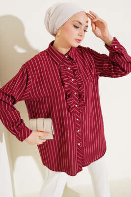 Pazarium - Fırfır Detaylı Taş Düğmeli Çizgili Gömlek Bordo