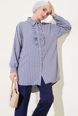 Pazarium - Fırfır Detaylı Taş Düğmeli Çizgili Gömlek Gri