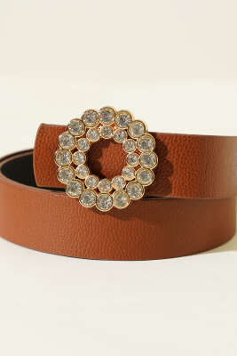 Yuvarlak Taş Tokalı Kalın Kemer Taba - Thumbnail