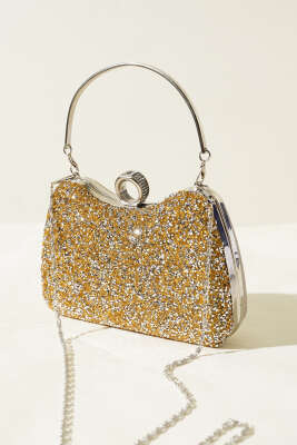 Pazarium - Yüzüklü Taşlı Abiye Çanta Sarı Beyaz