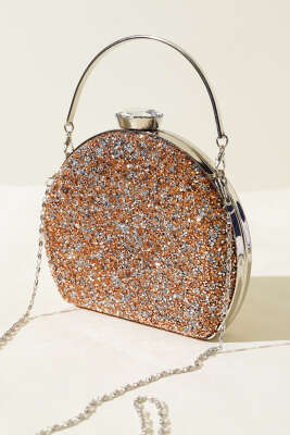 Pazarium - Taşlı Oval Abiye Çanta Bakır