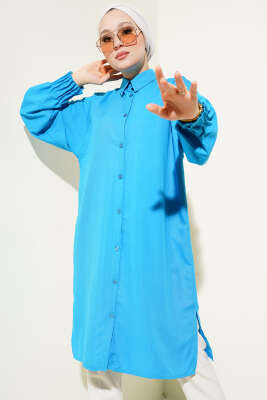 Pazarium - Bilek Nervürlü Uzun Gömlek Mavi