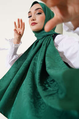 Paisley Desen Jakar Şal Yeşil - Thumbnail