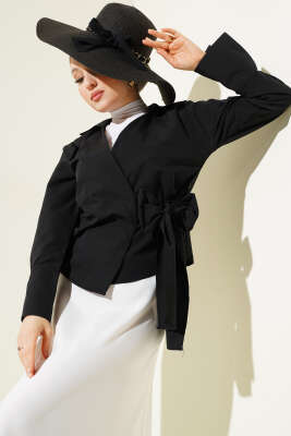 Pazarium - Yandan Bağlamalı Kısa Gömlek Siyah