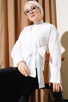 Pazarium - Yandan Bağlamalı Kısa Gömlek Beyaz