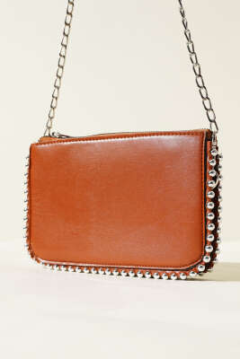 Zincir Askılı Zımbalı Çanta Taba - Thumbnail