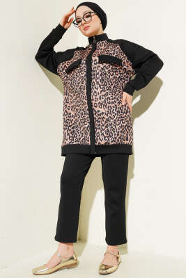 Pazarium - Leopar Desenli Fermuarlı Scuba İkili Takım Camel