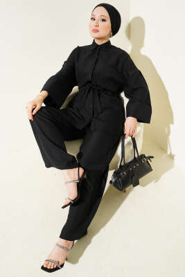 Pazarium - Çift Cepli Bel Bağlamalı İkili Takım Siyah