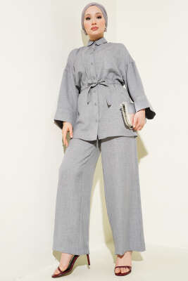 Pazarium - Çift Cepli Bel Bağlamalı İkili Takım Gri