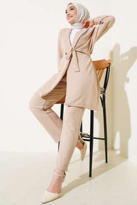 Pazarium - Zincir Detay Ceket İkili Takım Bej