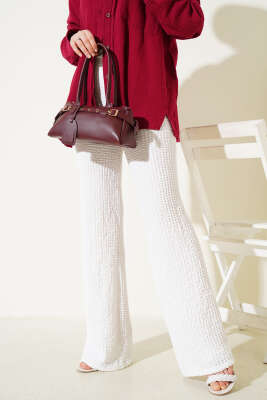 Pazarium - Bel Lastikli Geniş Paça Gofre Pantolon Beyaz