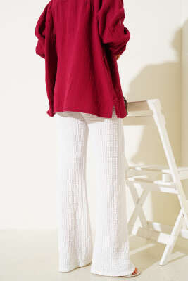 Bel Lastikli Geniş Paça Gofre Pantolon Beyaz - Thumbnail