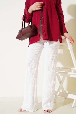 Bel Lastikli Geniş Paça Gofre Pantolon Beyaz - Thumbnail