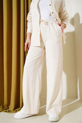 Bel İpli Salaş Keten Pantolon Bej - Thumbnail