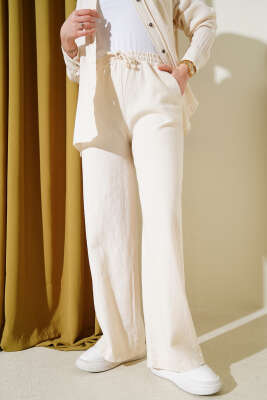 Bel İpli Salaş Keten Pantolon Bej - Thumbnail