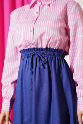 Çizgili Gömlek Garnili Elbise Pembe - Thumbnail