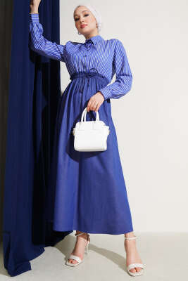 Pazarium - Çizgili Gömlek Garnili Elbise Lacivert