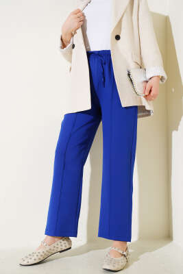 Pazarium - Bel Lastikli Çımalı Bol Paça Pantolon Saks