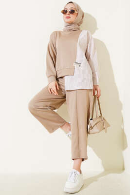 Pazarium - Armalı Çizgili Garnili İkili Takım Vizon