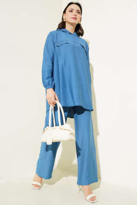 Pazarium - Taş Cep Kapaklı Tunik İkili Takım İndigo