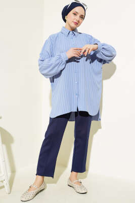 Linda Çizgili Oversize Gömlek İndigo - Thumbnail