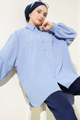 Linda Çizgili Oversize Gömlek İndigo - Thumbnail