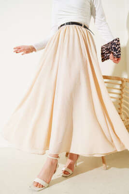 Pazarium - Bel Fermuarlı Kemerli Kraş Etek Bej