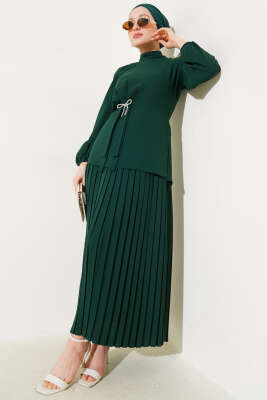 Pazarium - Pilise Etekli Tunik İkili Takım Zümrüt