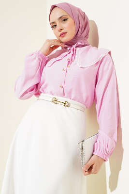 Pazarium - Denizci Yaka Dantelli Kısa Gömlek Pembe