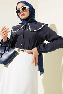 Pazarium - Denizci Yaka Dantelli Kısa Gömlek Lacivert