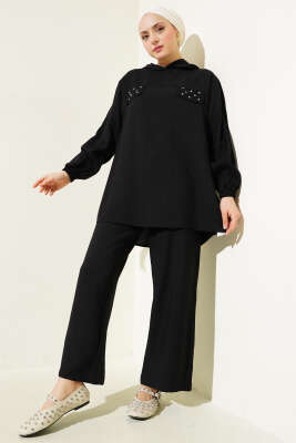 Pazarium - Taş Cep Kapaklı Tunik İkili Takım Siyah