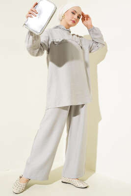 Pazarium - Taş Cep Kapaklı Tunik İkili Takım Gri