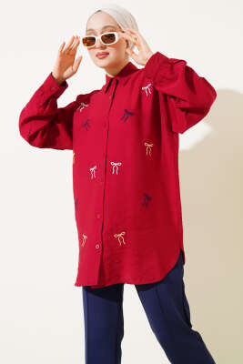Pazarium - Fiyonk Nakışlı Gömlek Bordo