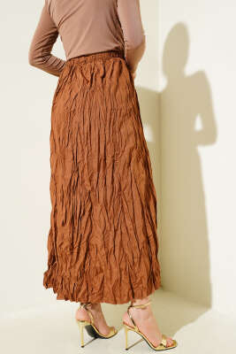 Kırışık Bel Lastikli Etek Taba - Thumbnail